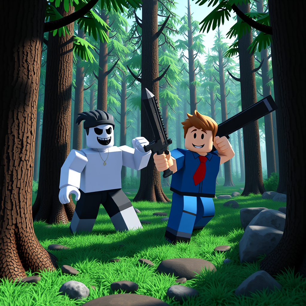 Main art studio: roblox icon for a hide and seek game in a forest with 2 dudes one has a weapon and seeks the other