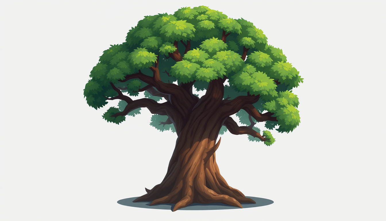 Game Asset idea created from the prompt: 2D game asset, clean isolated object, consistent art style, Árbol grande de fantasía, estilo anime 2D, tronco grueso y retorcido, raíces gra
