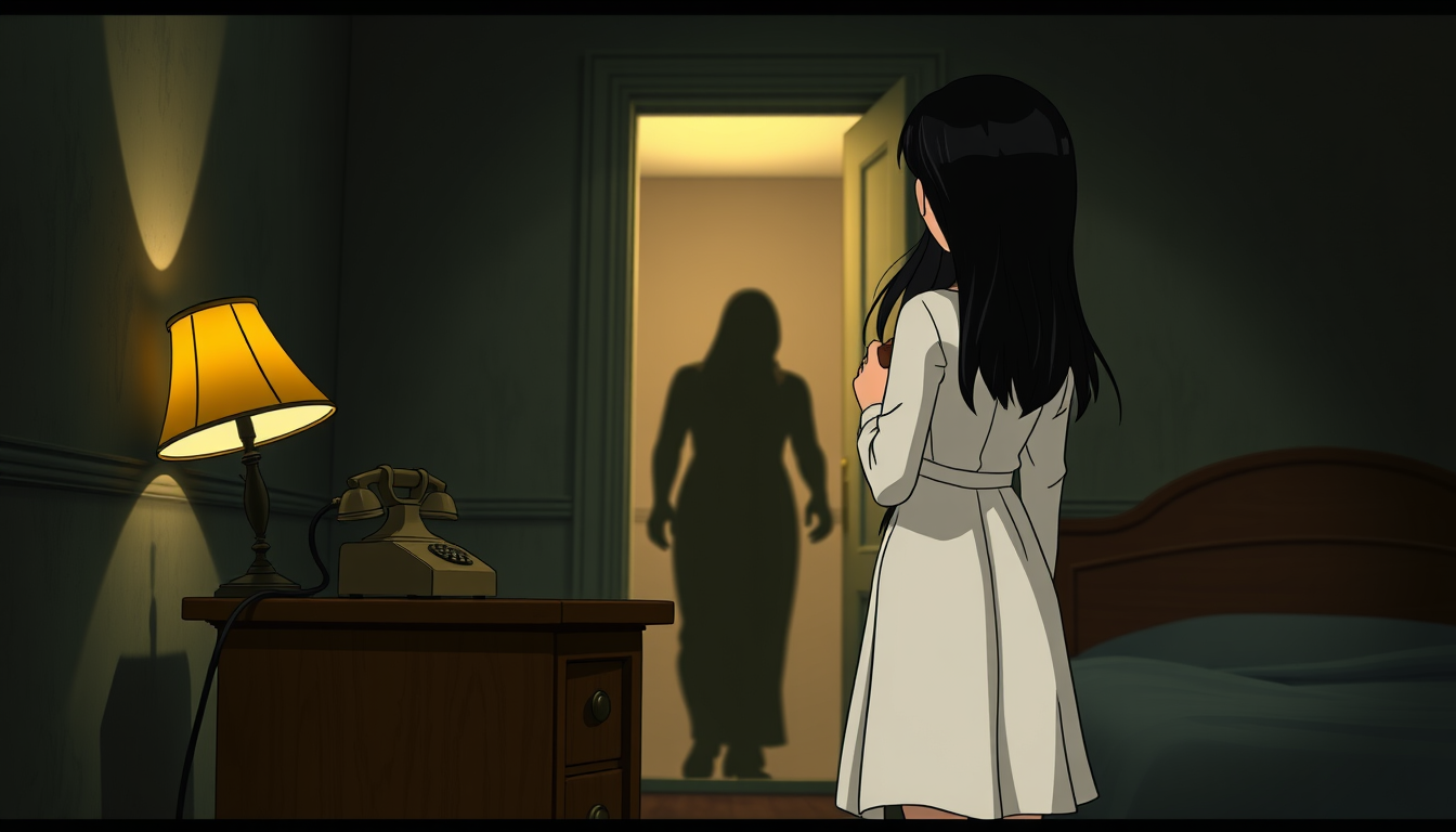 Main art studio: 3D animated horror cartoon style. Ayesha, the same young woman with long black hair wearing a modest, full-length white dress with long sleeves, stand