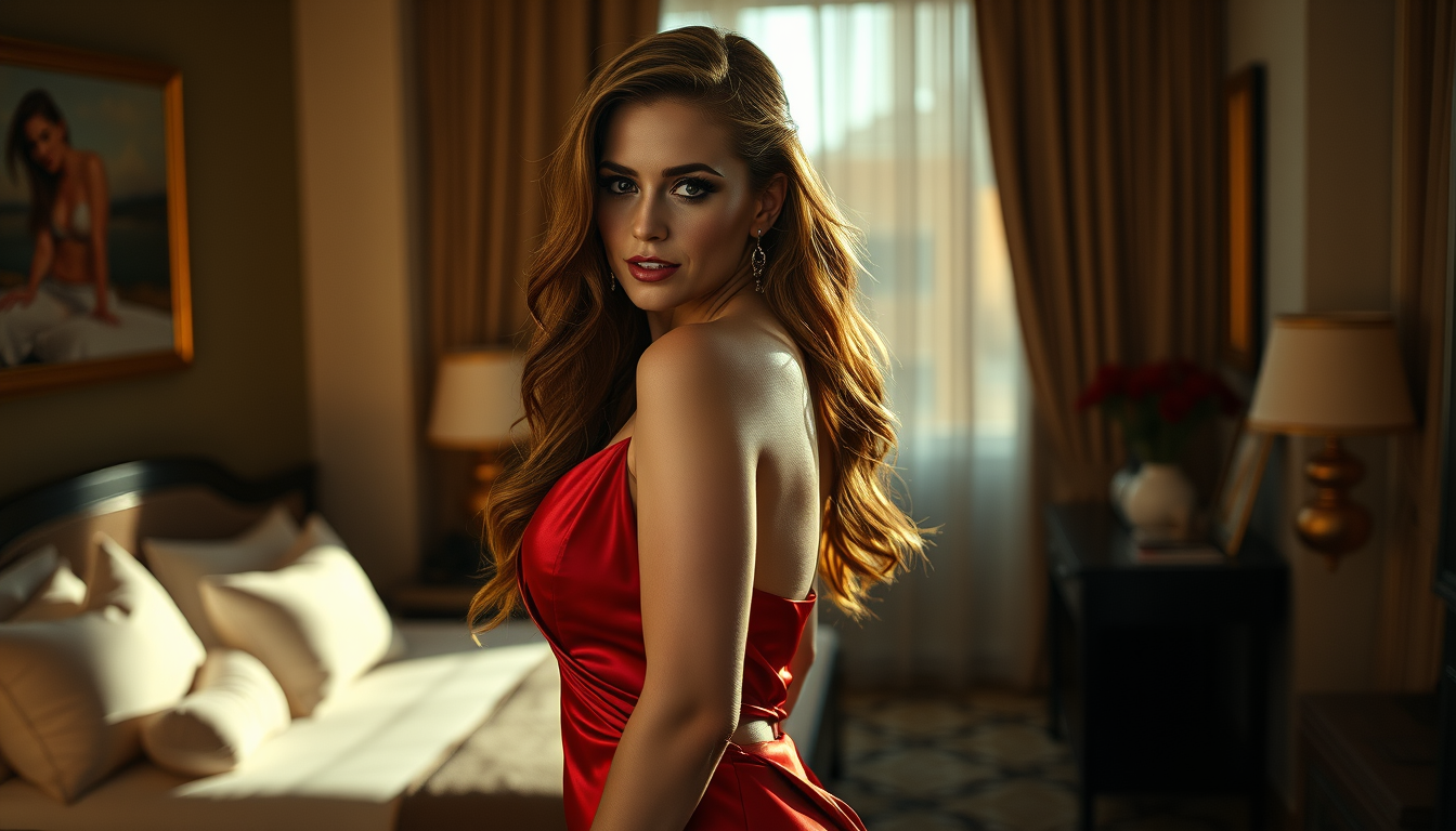 AI Art prompt example created from the prompt: A breathtaking adult woman, age 30, glamorous and intensely seductive, curvy athletic figure, long wavy auburn hair, smoky eye makeup, confi