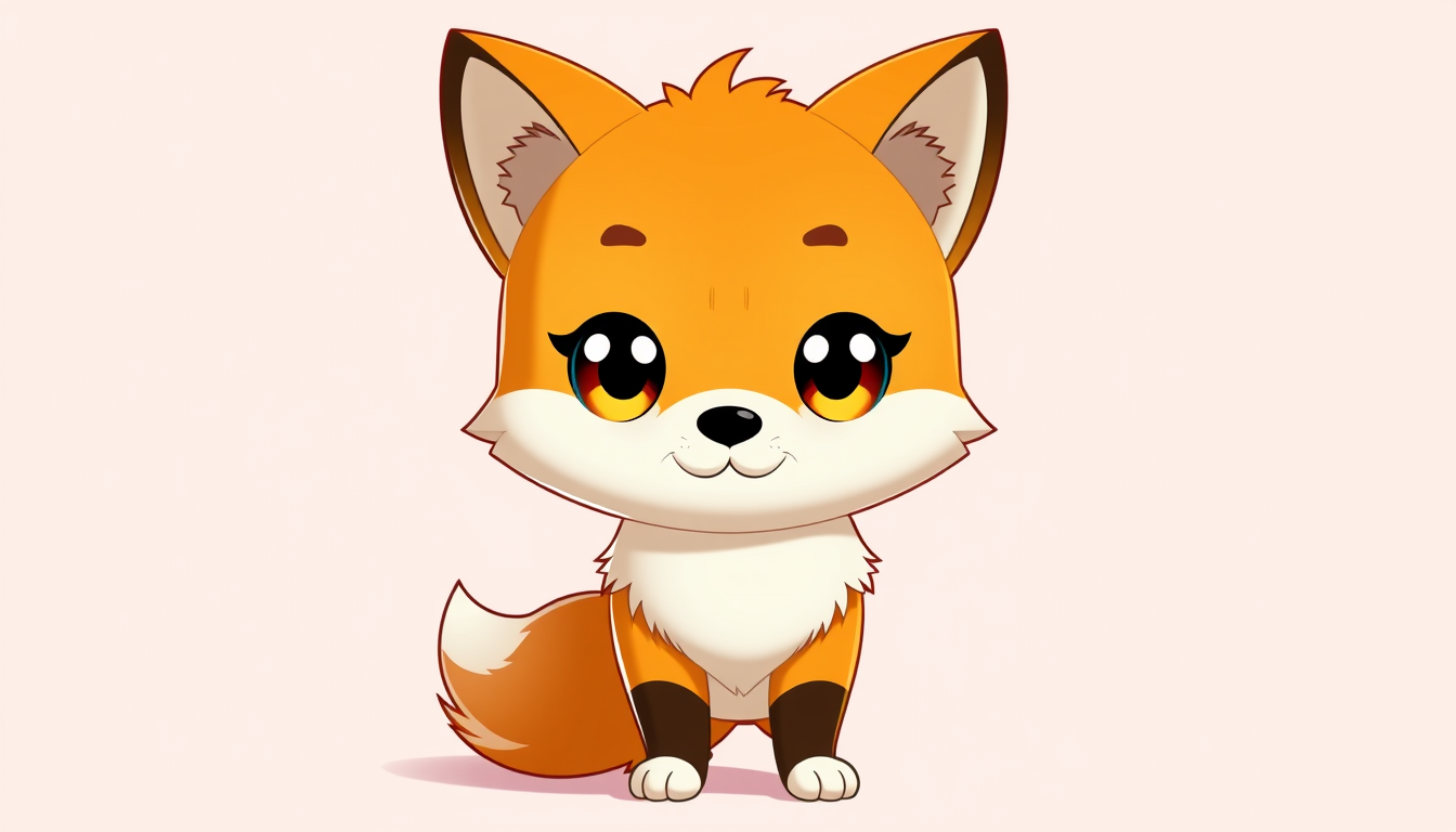 VTuber idea: vtuber avatar character, anime style, expressive face, streaming-ready design, cute chibi anthropomorphic orange fox, big shiny eyes, fluffy fur, whit