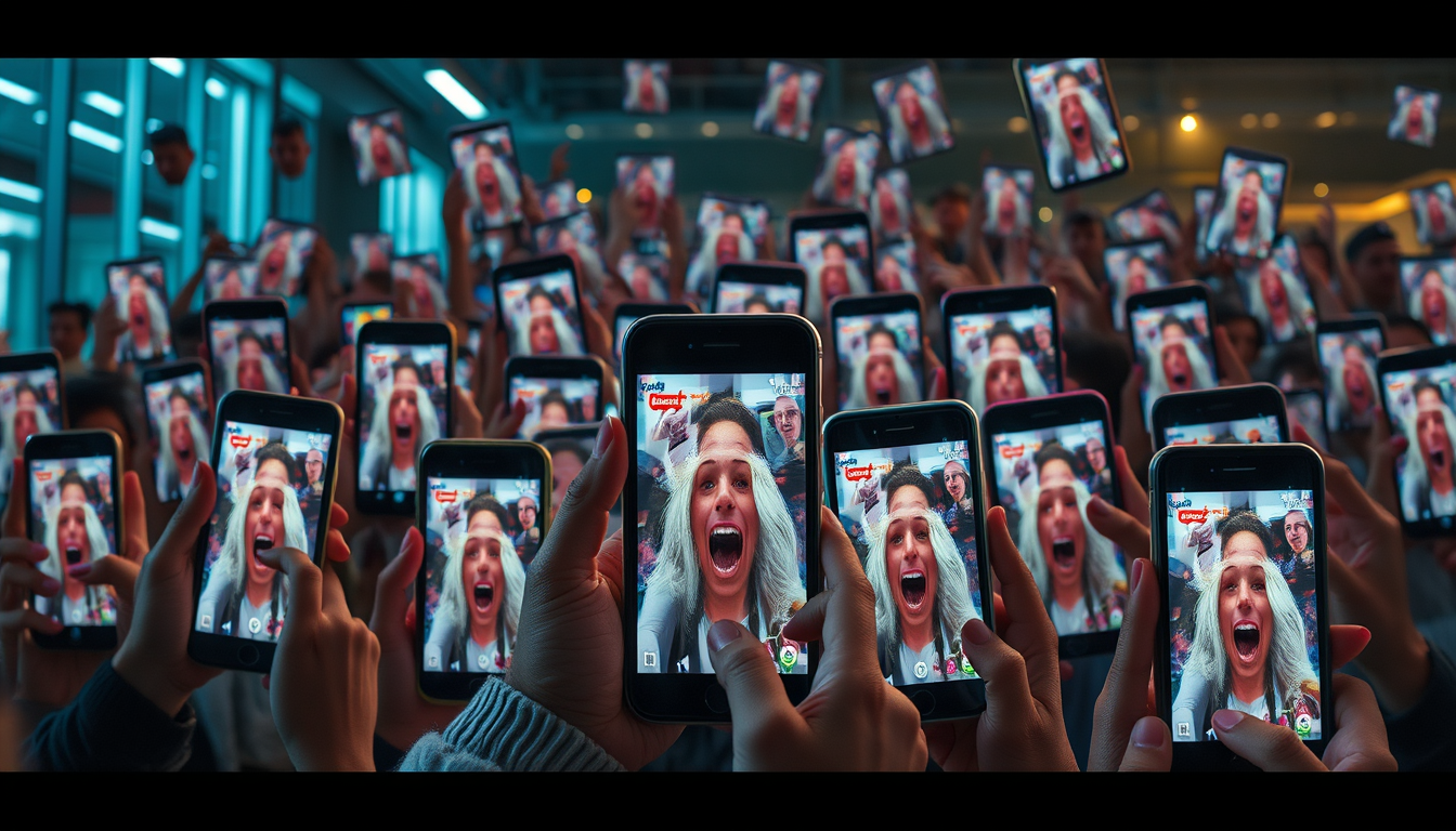 Main art studio: A dynamic collage of smartphones showing viral videos, social-media feeds, millions of views, people reacting with surprise and excitement, modern dig