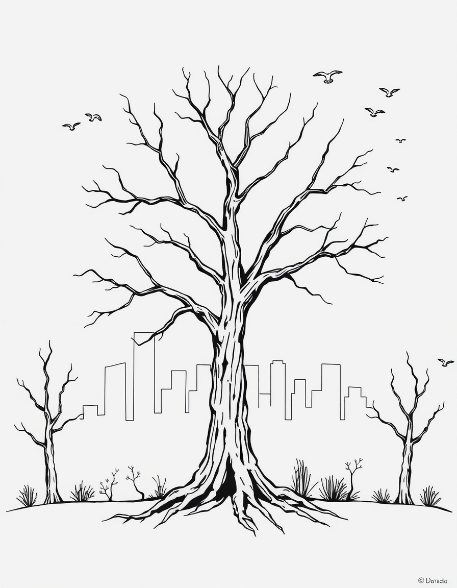 AI Art prompt example created from the prompt: Drawing outline of dead tree in middle of page, with a cityscape in the background, birds in the sky, and small dead tress on the sides. Mak