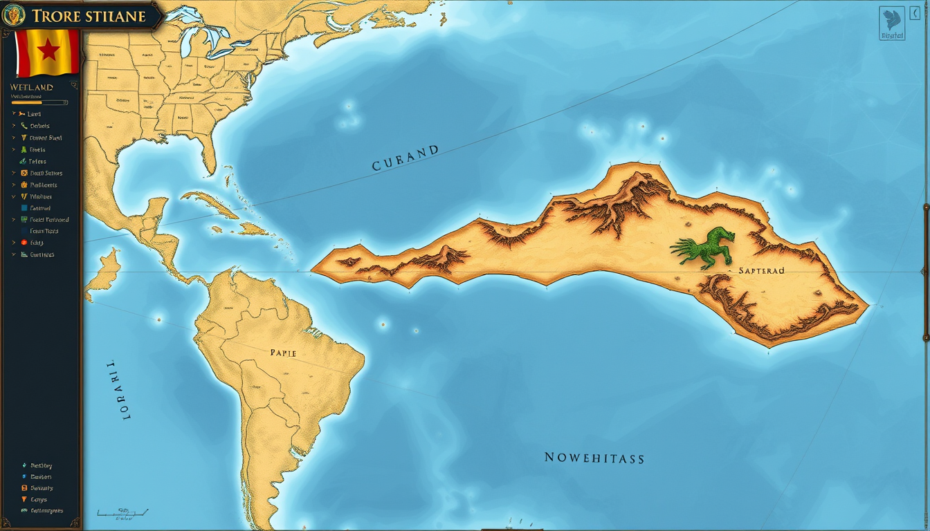 Main art studio: A map featuring a single continent, with a vast, arid wasteland—a region of nothingness—connected to the eastern part of the continent by a narrow str
