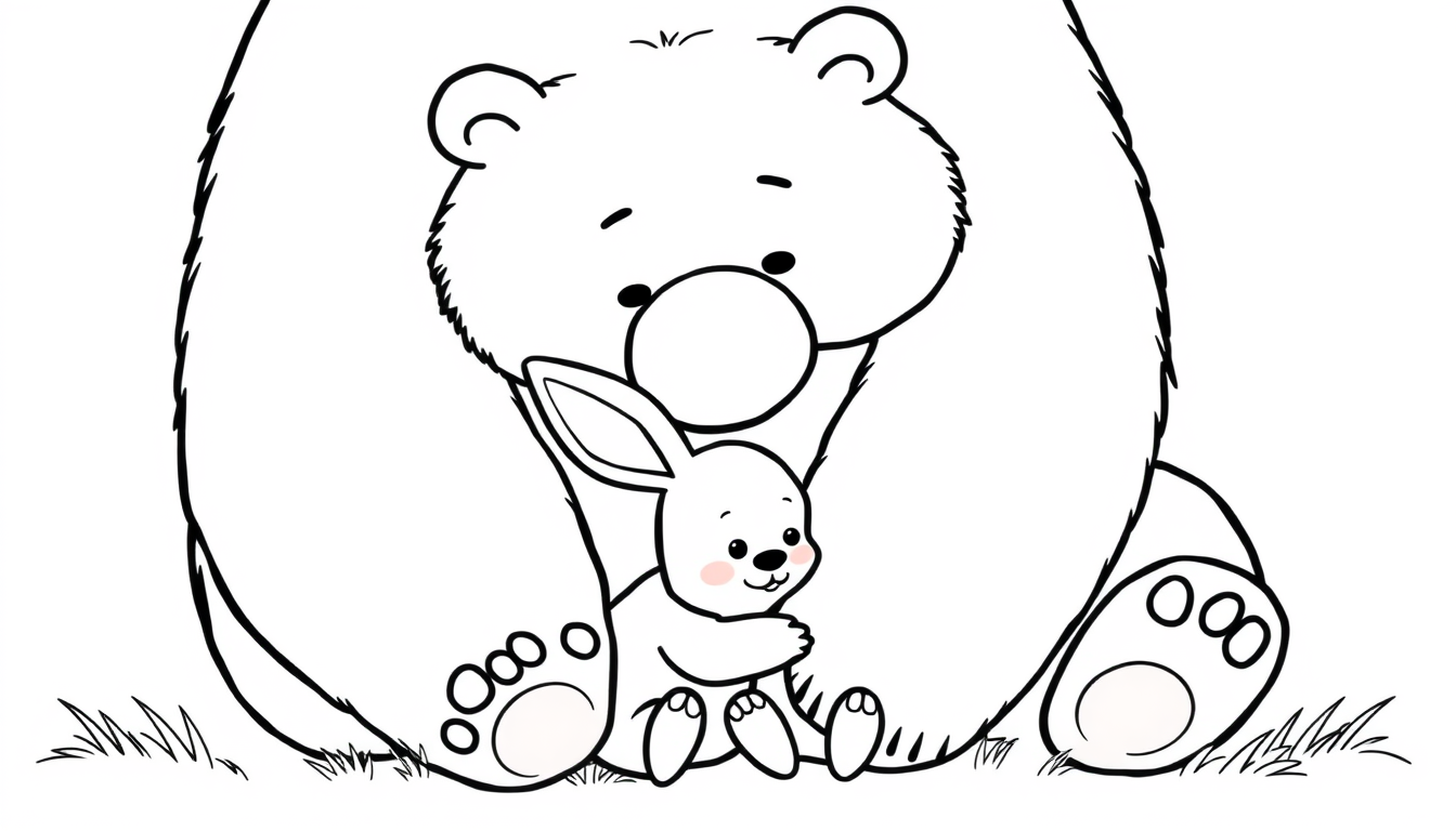 Main art studio: A giant, gentle chubby bear sitting down and giving a warm hug to a tiny, cute baby bunny, Masha and Bear style, ultra thick black outlines, bold and 