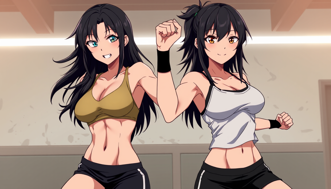 Main art studio: Anime Mikasa Ackerman and Yoruichi Shihōin as sexy fitness influencers during an intense workout full body Abs toned bodies and sweat sexy Anime actio
