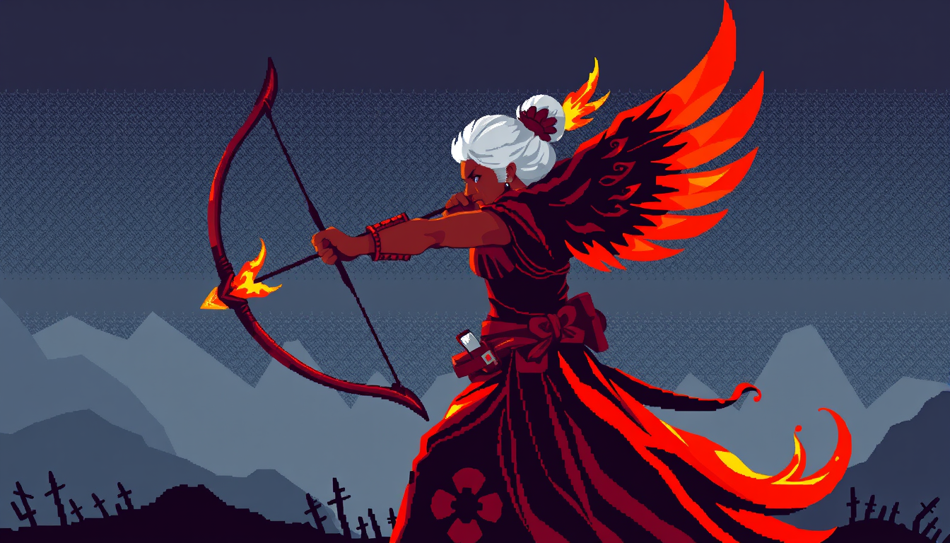 Photo To Pixel Art idea: photo converted to deliberate pixel art, limited color palette, crisp blocky shapes, A divine phoenix warrior guardian with dark tan skin and uses a b