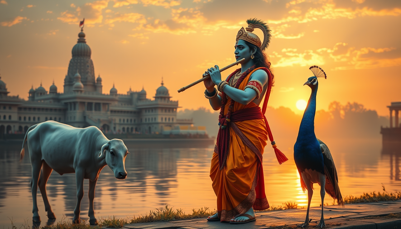 Main art studio: Lord Krishna playing the flute beside the Yamuna river at sunset, a white cow gently grazing nearby, a peacock standing separately with its feathers o