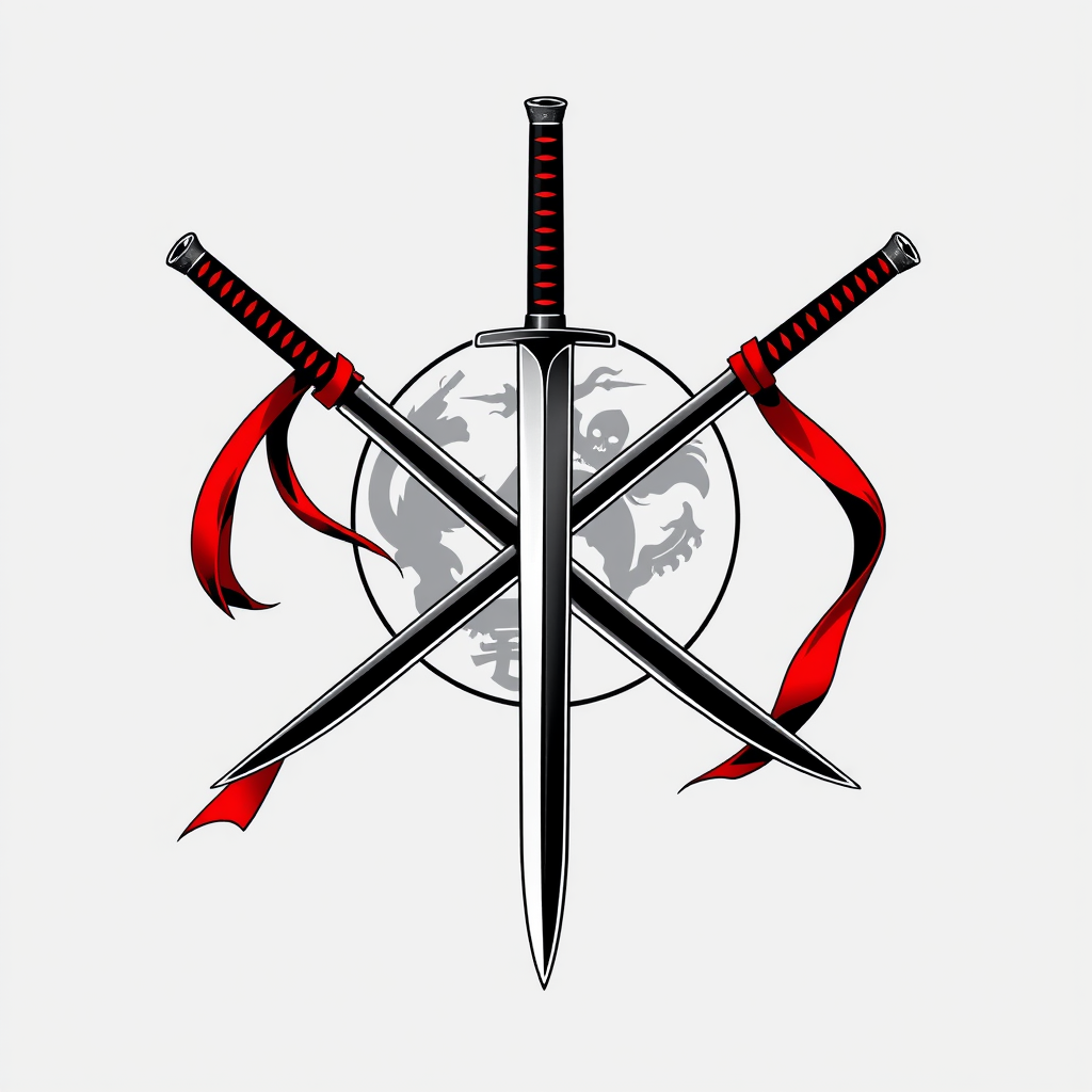 Main art studio: Dark Moon Blade logo, include katana with two developing red ribbons with, stereo 3D effect, transparent background, no inscriptions. Minimalist desig