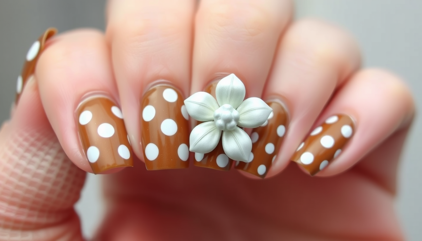 Main art studio: mache acryl nägel in eckig mit braunen french wo weiße polka dots oben sind und auf einen fingernagel soll eine 3 d blume aus acryl drauf