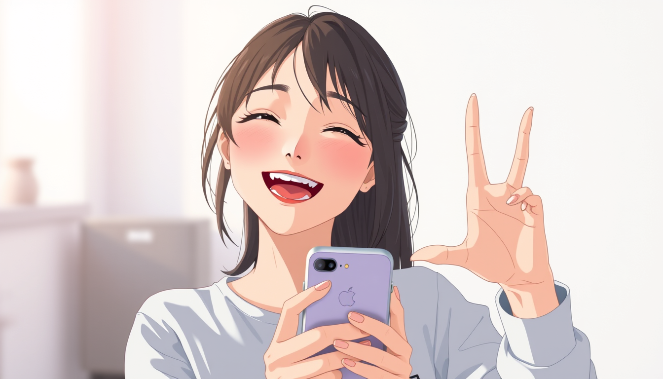 Main art studio: A beautiful 18 year old girl laughing so brightly with her hands doing a pose the photo should cover the whole phone in size and be anime 3d generated