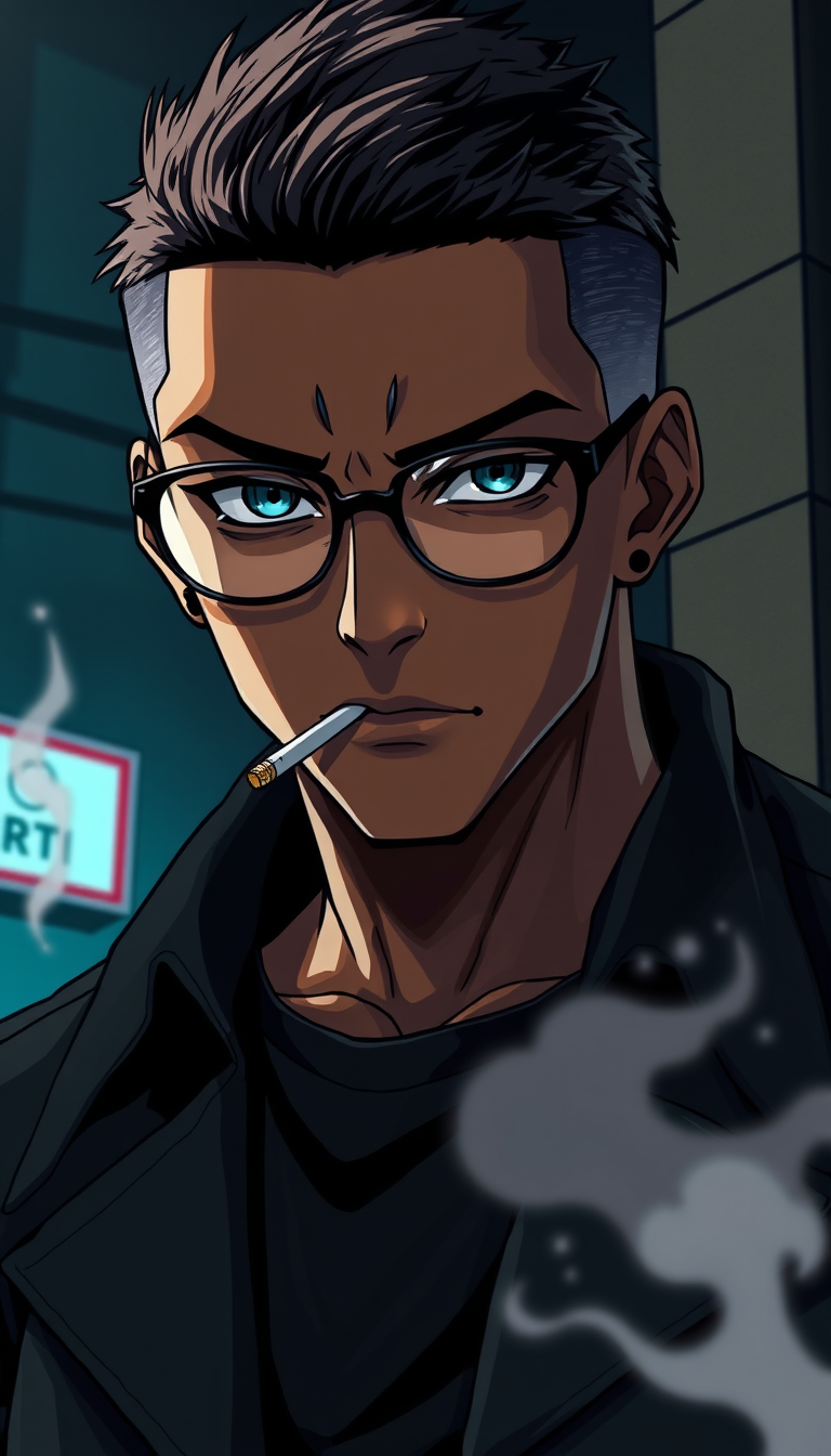 Anime idea: anime style, vibrant colors, expressive eyes, A dark-skinned young man, about 1.70 meters tall, with a stocky build and very short, almost shaved hair