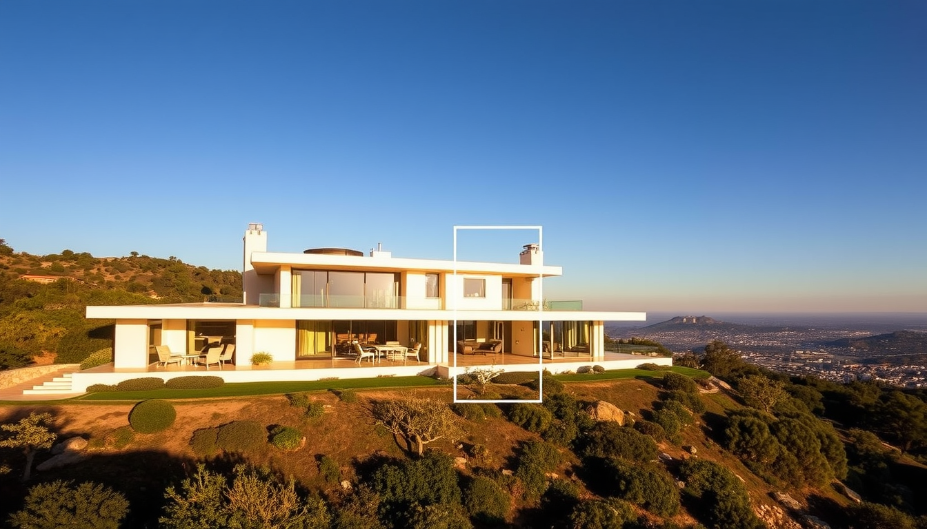 AI Art prompt example created from the prompt: eine villa in hollywood hills mit einer risen gerage das bild soll aufgeteilt sein mann soll ein bil vom haus sehen und 4 bilder von der gro