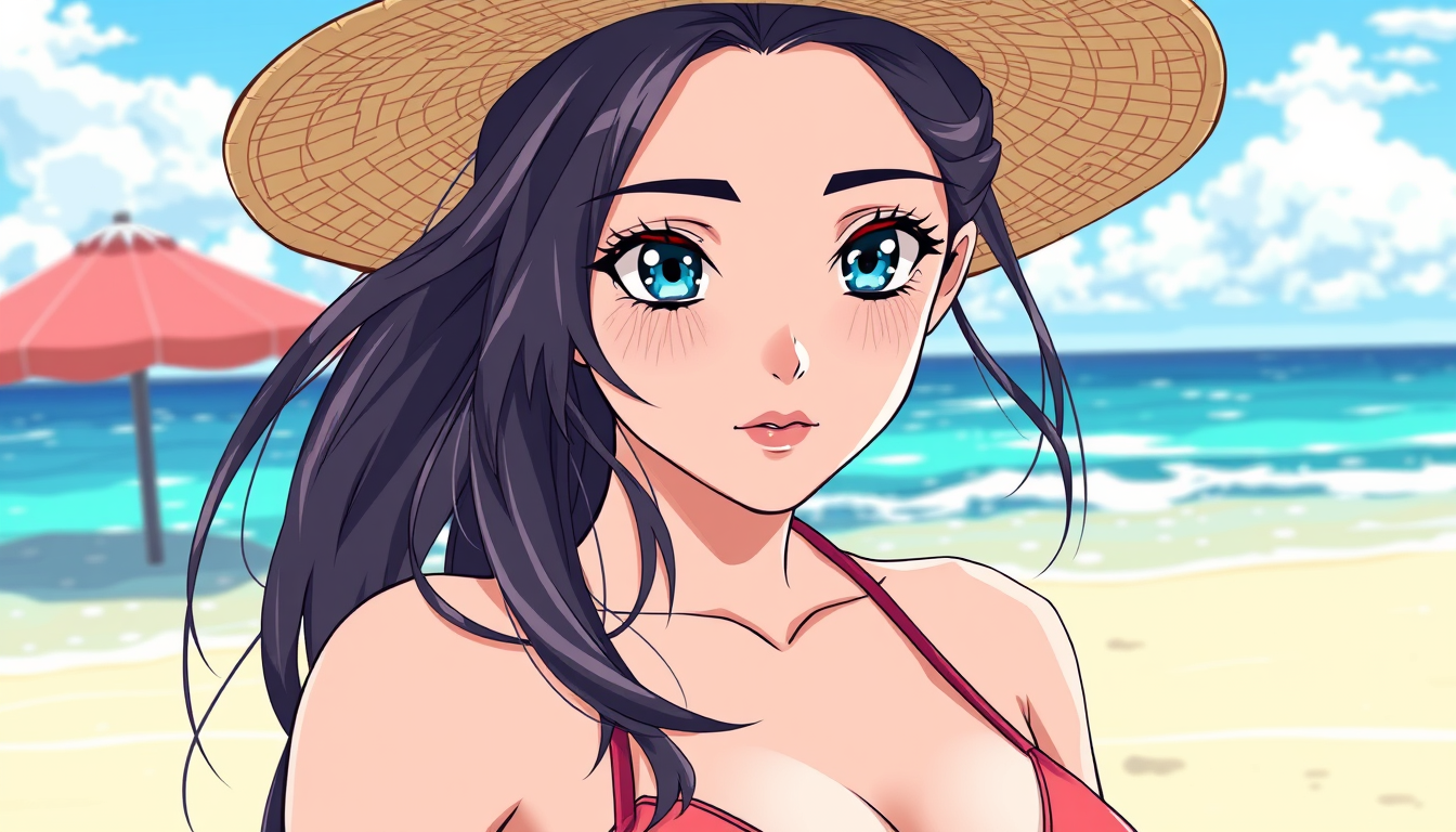Photo To Anime idea: anime style portrait from the photo, cel shading, vibrant anime colors, expressive eyes, A female college student with a huge bust is wearing a bikini