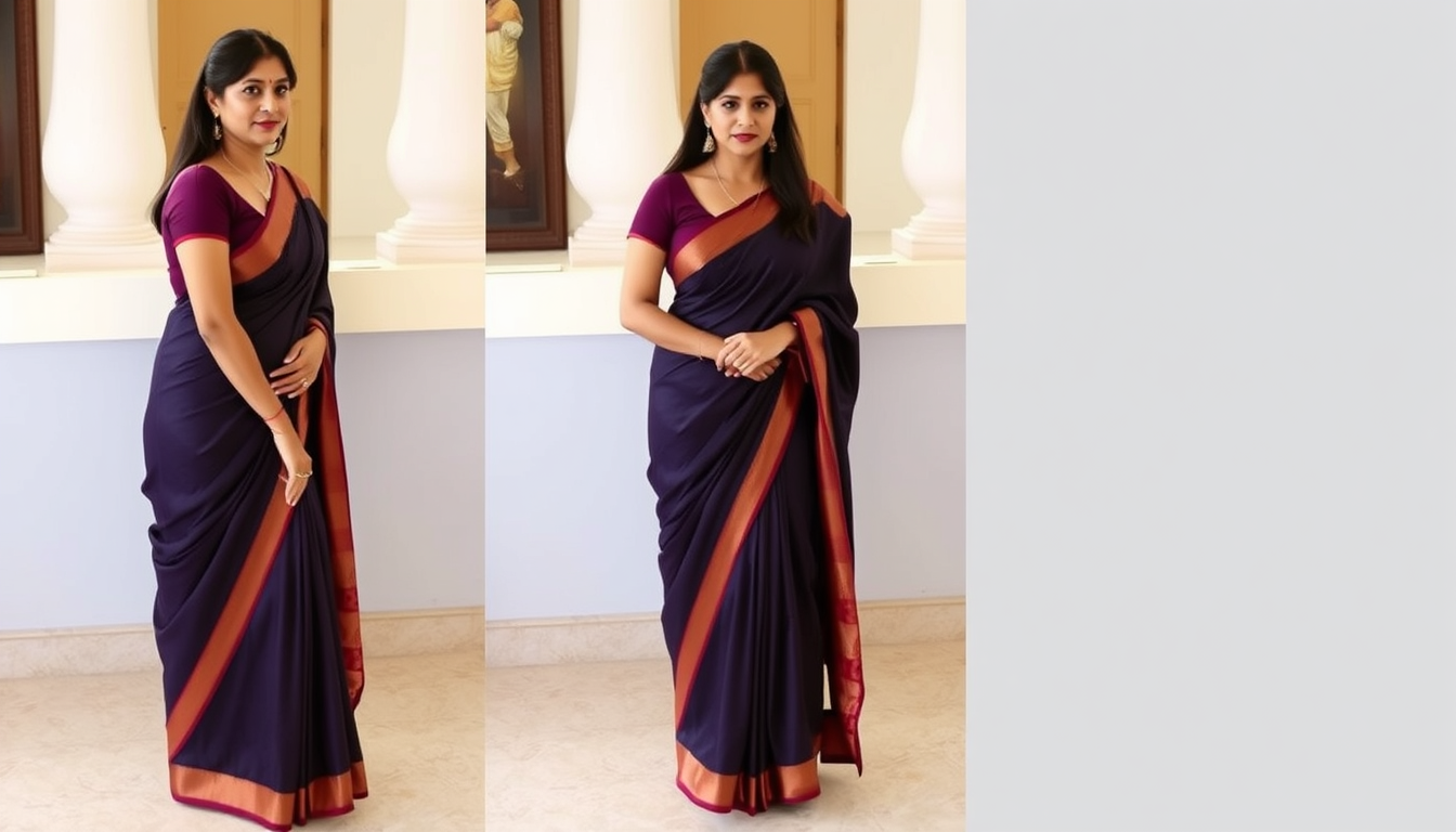 Main art studio: Nayanthara wearing a saree blouse and skirt only. It's a short skirt extending to butt height also blouse has exaggerated v neck line.
