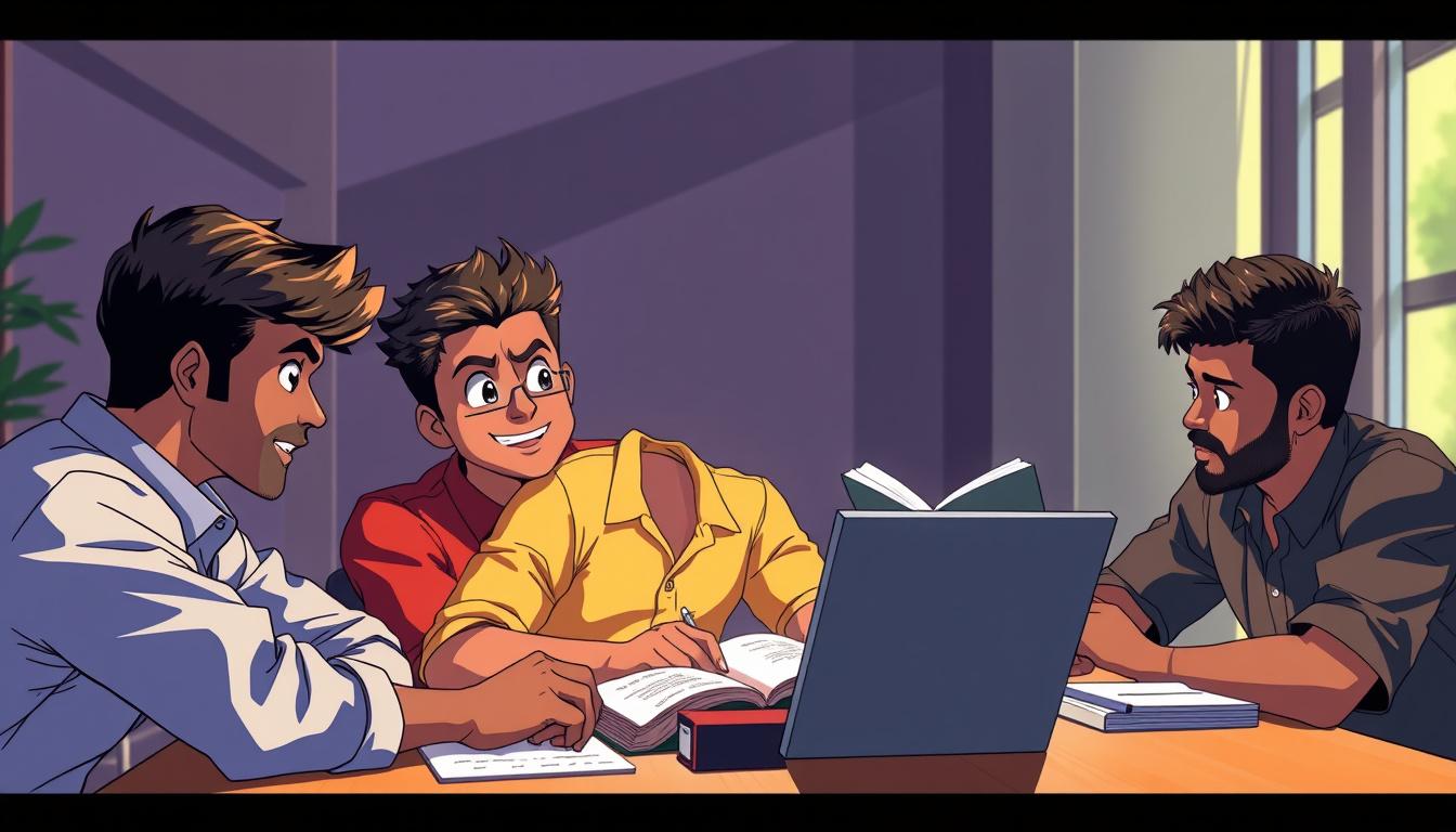 Anime idea: anime style, vibrant colors, expressive eyes, Mega speaks confidently while explaining an idea to his friends. Mohan smiles while using AI on his lapt