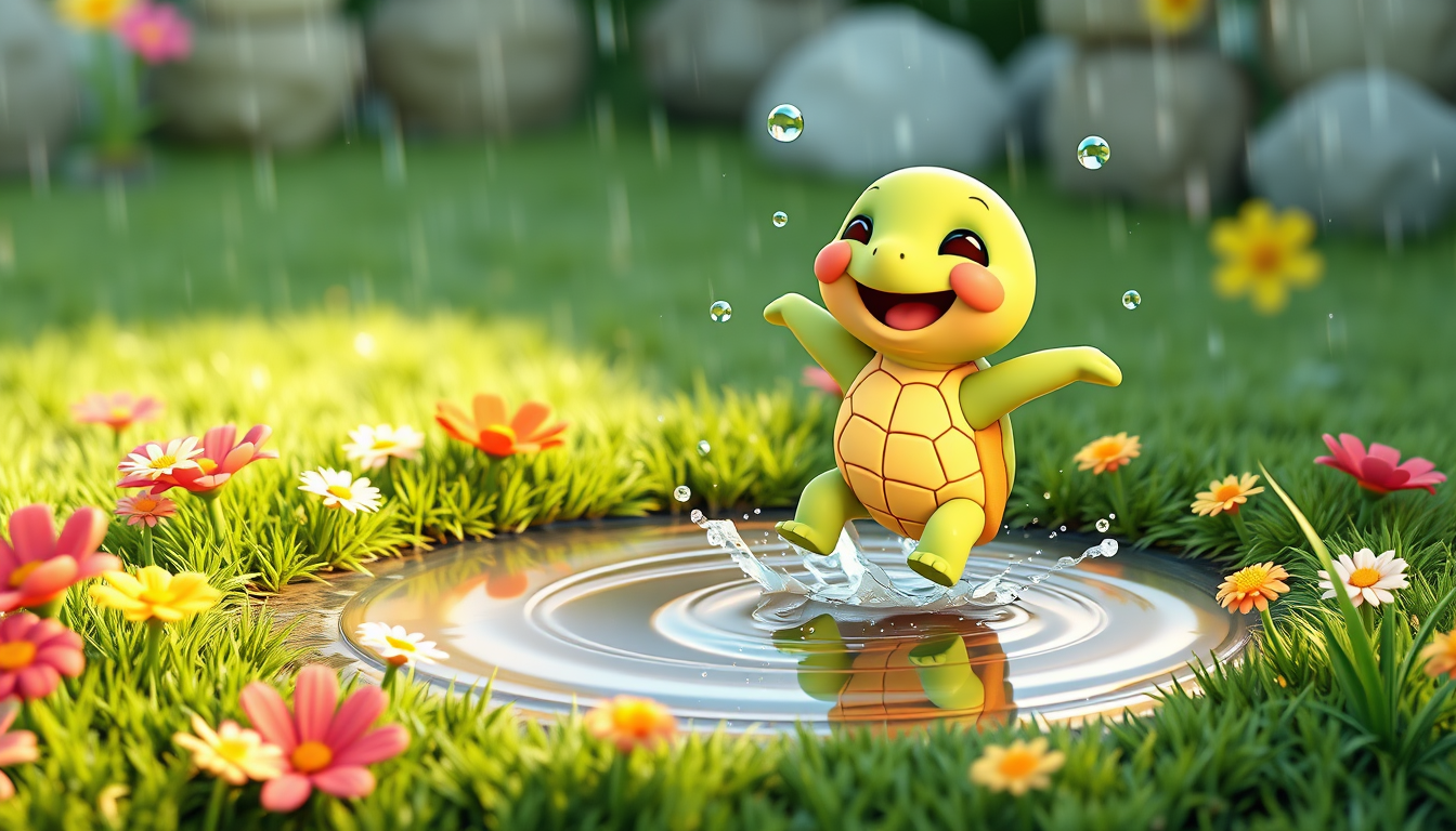Main art studio: Tina the tiny turtle happily jumping into a small puddle after a light rain. Water splashes gently around her, and Tina laughs with excitement. Colorf