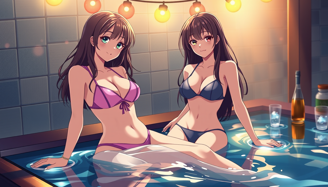 Main art studio: Has una chica anime con ropa ajustada y subida de tono que este cuerpo completo en bikini ajustado y su ropa tirada en el suelo en una pisina con sus