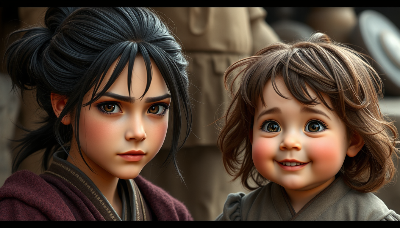 Main art studio: Akira- messy dark brown hair tied in a loose bun, warm natural skin tones, rugged historical clothing, confident expression. Za Sojija: long dark brow