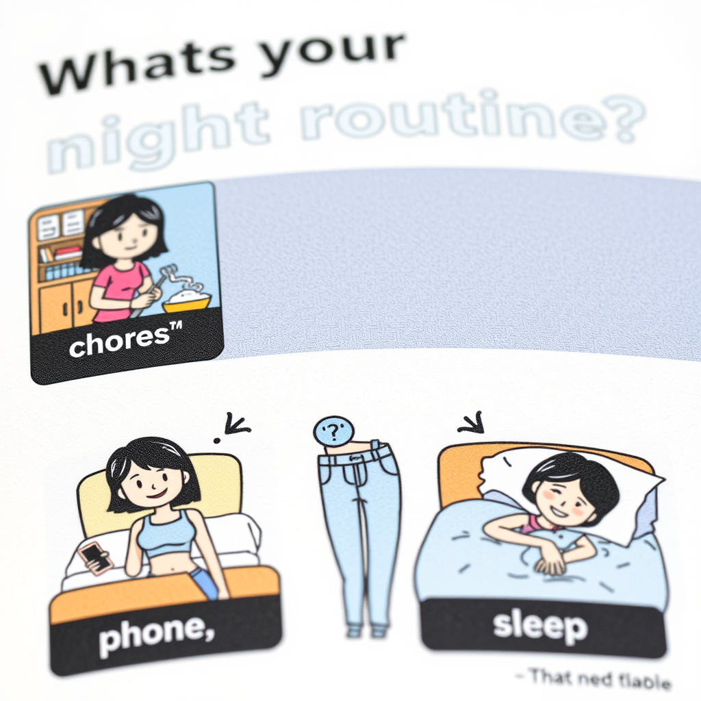 AI Art prompt example created from the prompt: A close-up photo of a humorous infographic titled 'Whats your night routine?' with three panels, The first featuring a cartoon woman doing h