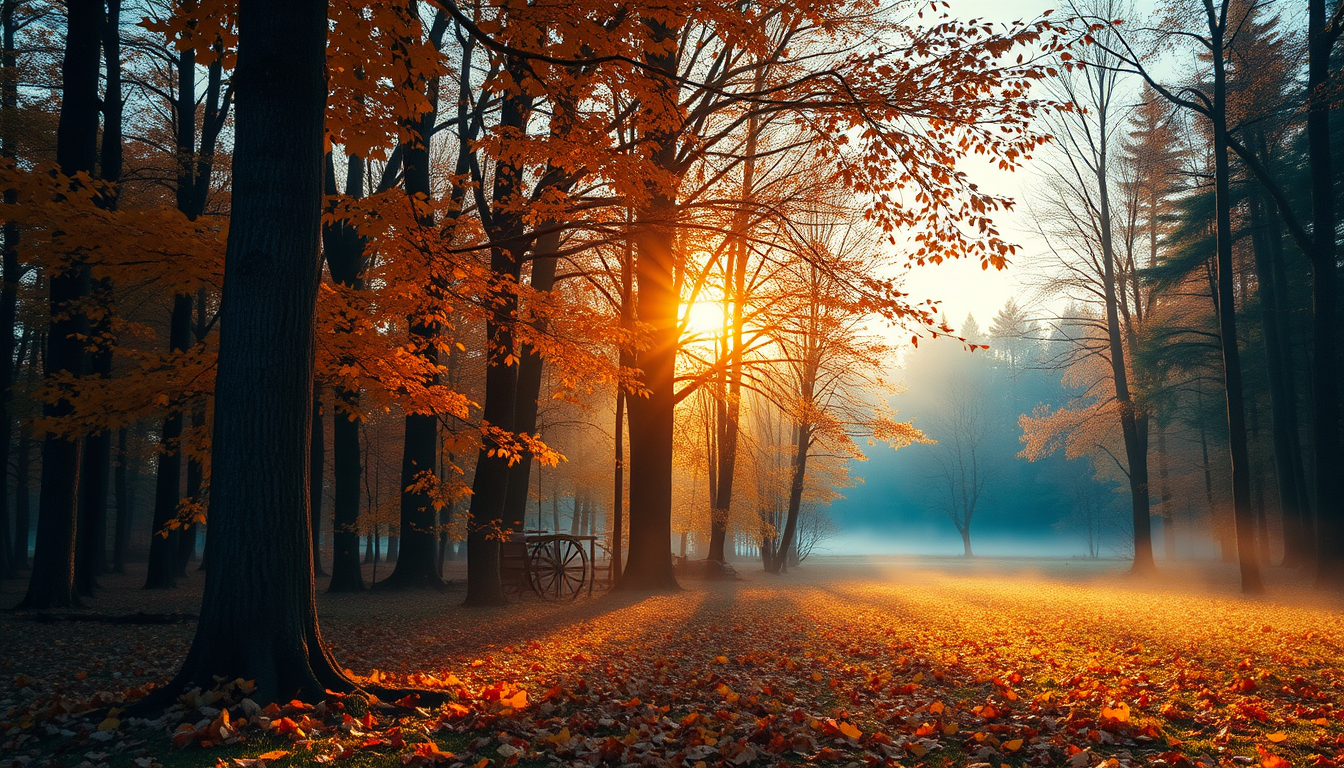 Main art studio: A breathtaking autumn morning in a beautiful forest, the golden sun slowly rising above the horizon, warm golden sunlight shining through tall trees,