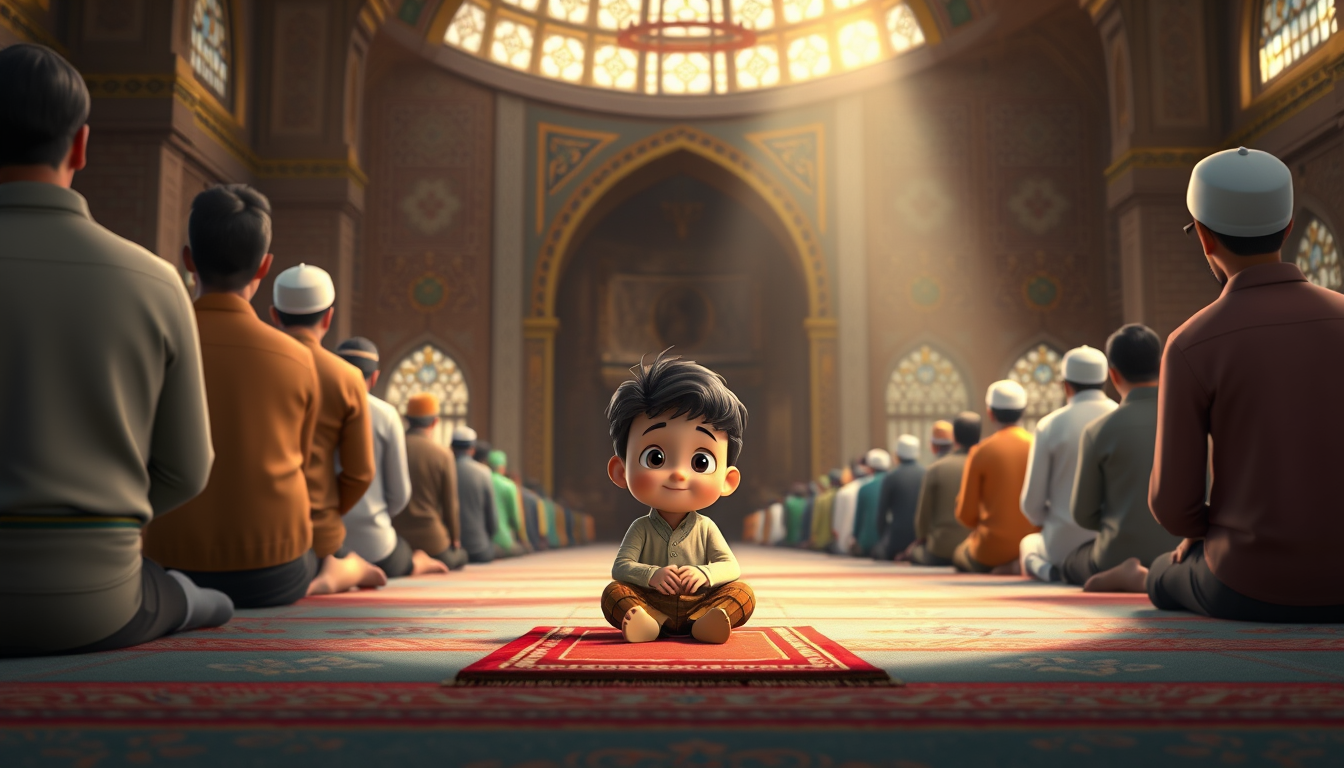 Main art studio: The same boy sitting quietly inside the mosque beside other worshippers, holding his prayer mat, waiting for prayer, peaceful spiritual atmosphere, 3D