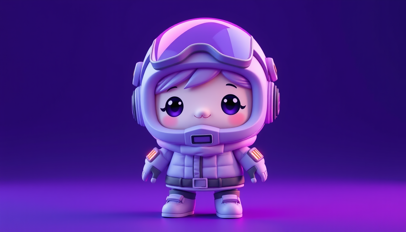 Main art studio: A cute 3D animated mochi character designed as a Web3 NFT profile picture, neon purple and lavender color palette, glossy smooth texture, wearing a fu