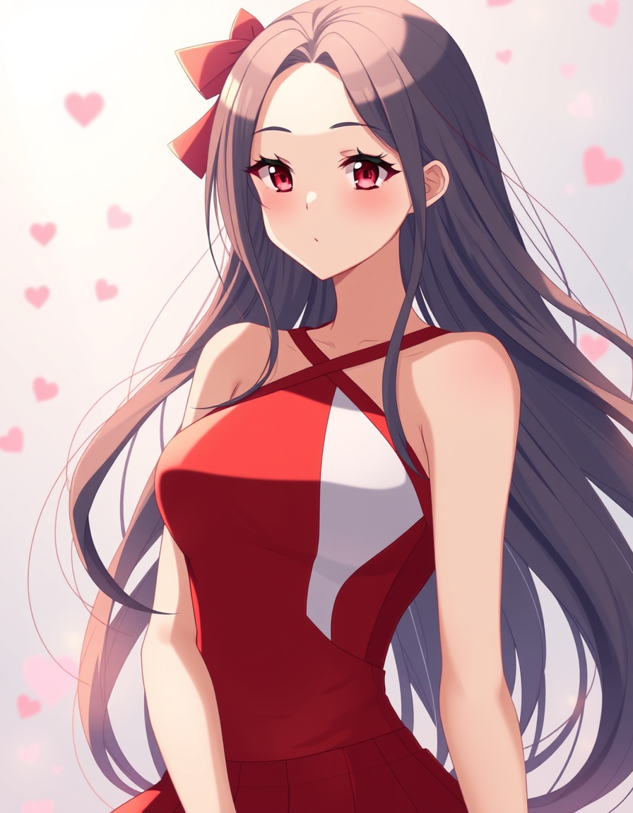 Main art studio: A romantic image of beautiful white anime teenage cheerleader with long flowing dark hair wearing a stunning red shoulder less dress that highlights h