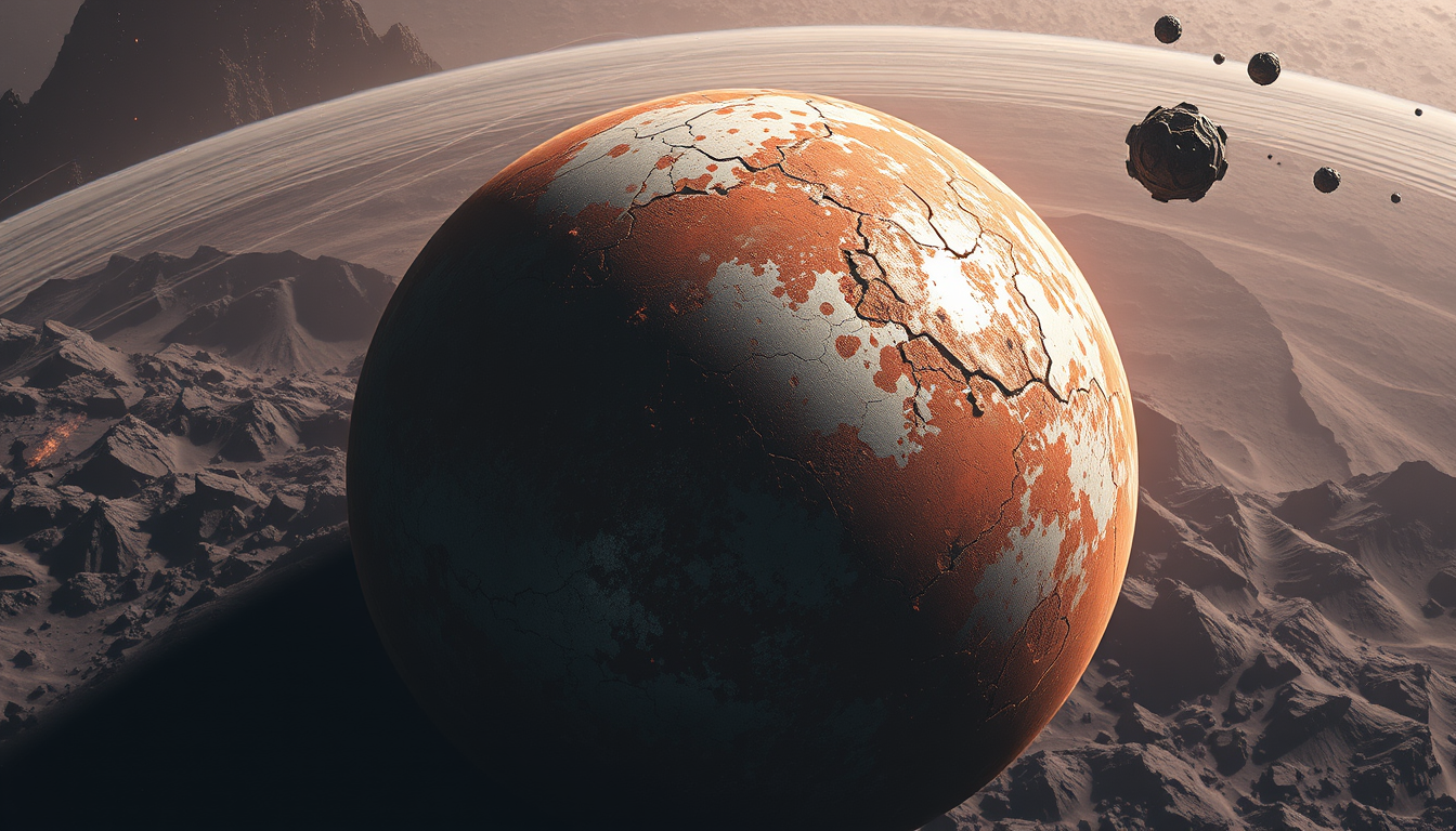 Main art studio: Giant metallic rocky planet seen from space, with a silver-red rusted steel surface. A destroyed ancient world covered with cracked crust, dark rocks,