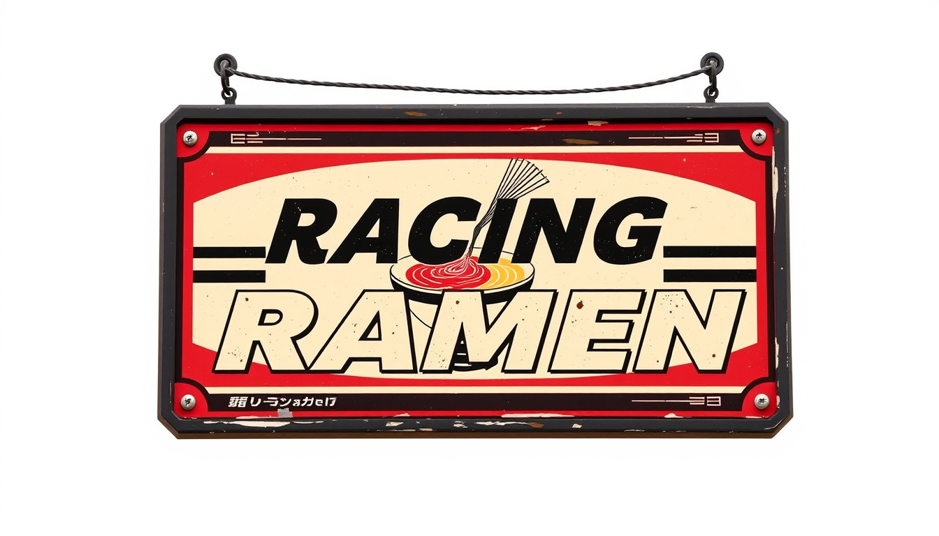 Main art studio: RACING RAMEN Retro Japanese ramen yatai food stall sign, motorsport-inspired Japanese street style, bold original custom lettering, red black cream an