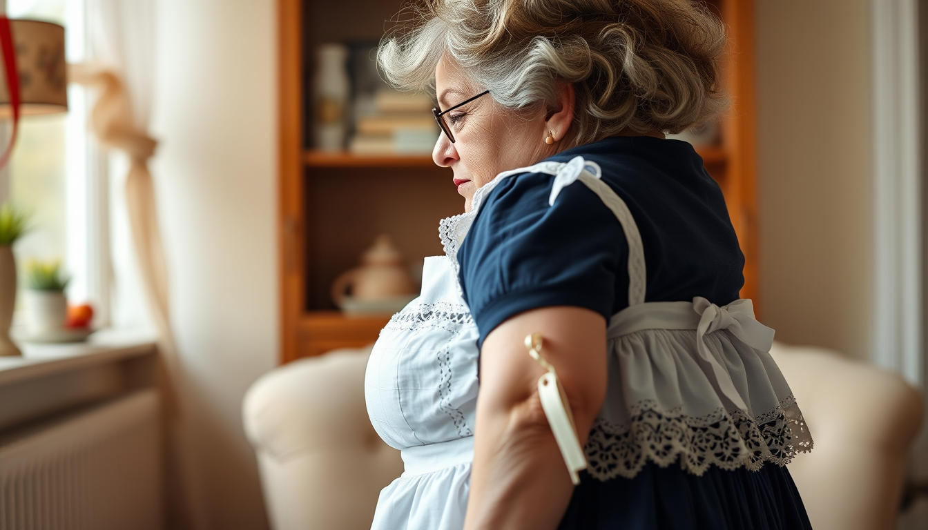 Main art studio: A curvy and busty granny with a white lace maid little half apron and a darkblue pleated skirt looking from the side to the camera in Total view
