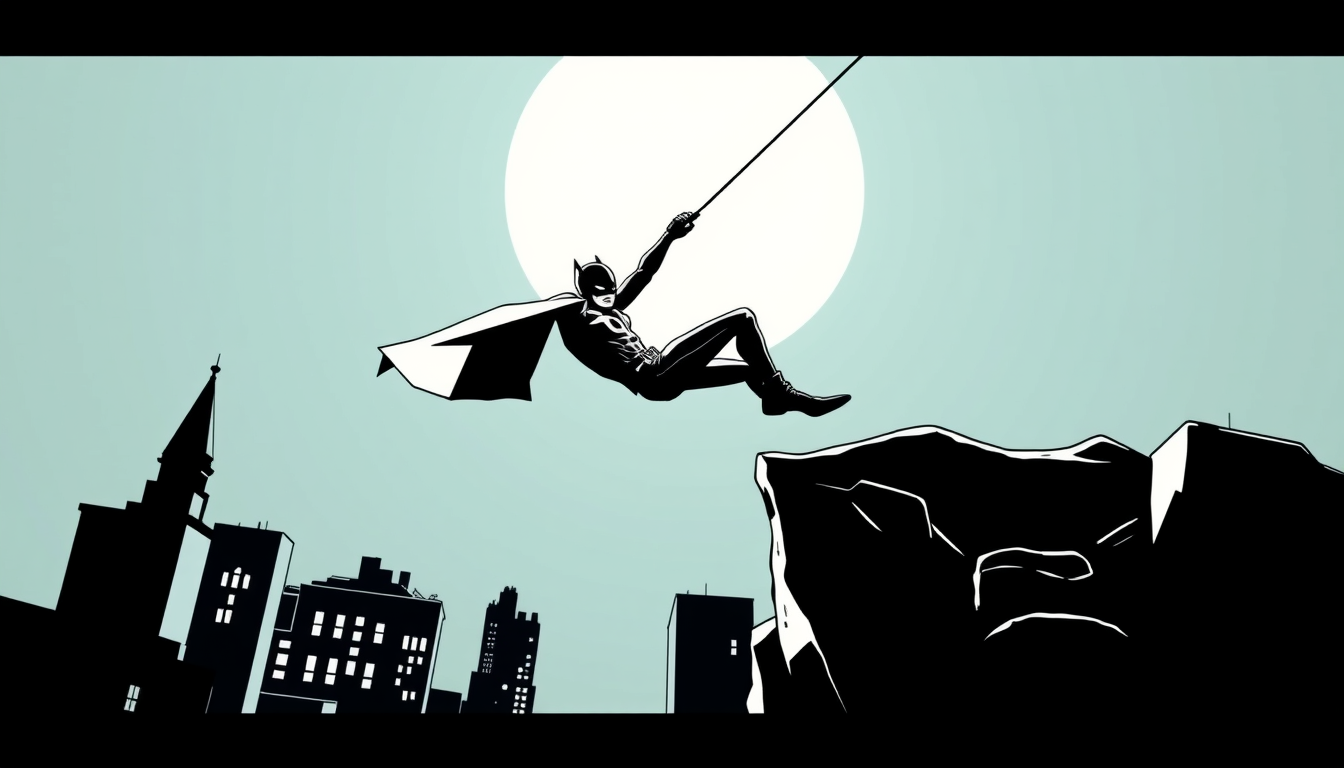 Main art studio: dardevil swingin heroically in a European comic book illustration, full body, clean precise black contour lines of consistent thickness, minimalistic,