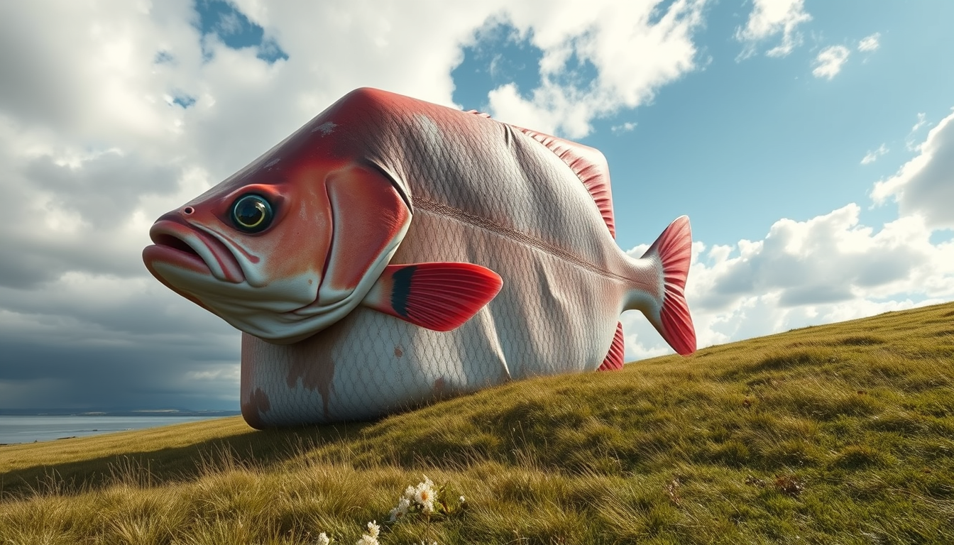 Main art studio: A big fish in the shape of a cube on a big grass feild