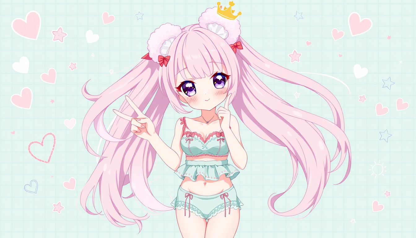 Main art studio: Pastel kawaii anime girl with extremely long cotton-candy pink hair, high side ponytail, sparkling lavender eyes, rosy cheeks, fluffy bear-ear accesso