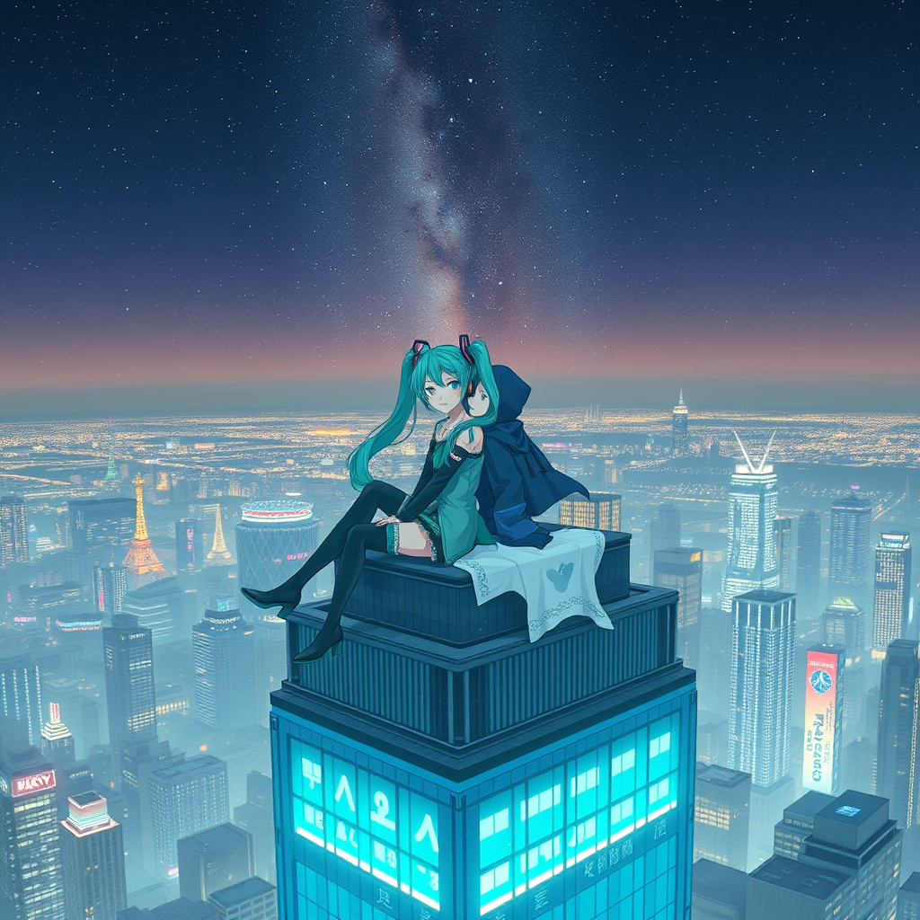 Main art studio: make me an image of hatsune miku in a green outfit and ghost from call of duty sitting together on top of a tokyo skyscraper, stars in the sky and neo