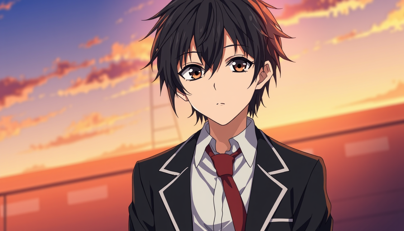 Anime idea: anime style, vibrant colors, expressive eyes, Original anime film character, a 17-year-old Japanese high school boy with messy jet-black hair, deep br