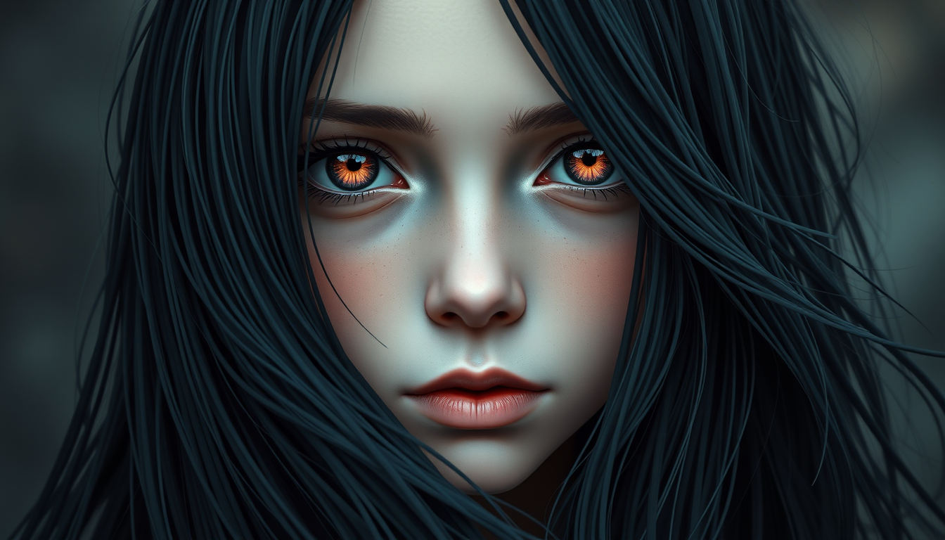 Main art studio: une fille au long cheveux noir et au yeux de couleur rose sombre