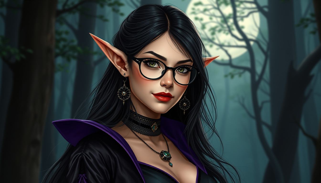 Main art studio: A mysterious elegant adult elf woman with pointed ears, stylish glasses, long dark hair, confident expression, dark fantasy aesthetic, black and viole