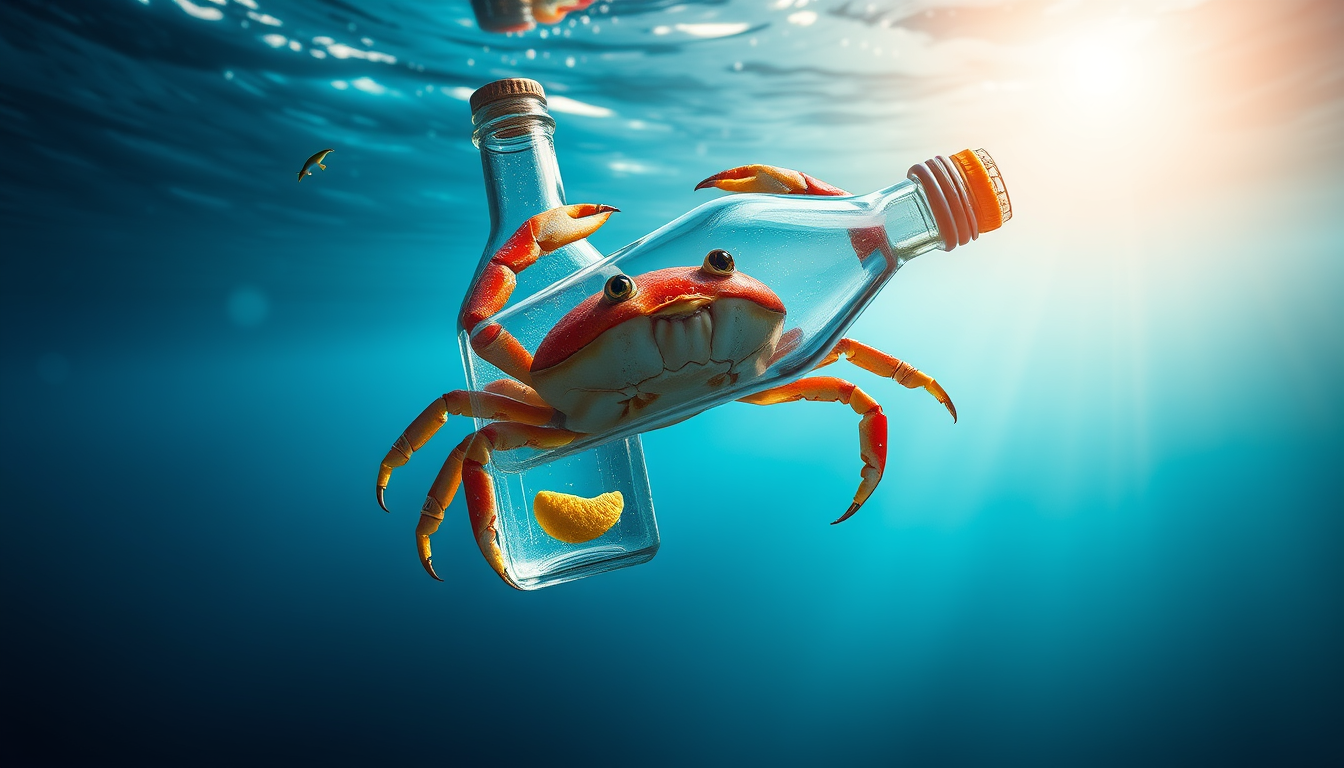 AI Art prompt example created from the prompt: fait moi un gui just d'une bouteille d'un crabe et je veux 0 background stp et je veux que le poisson a un style comme si que c fait avec de