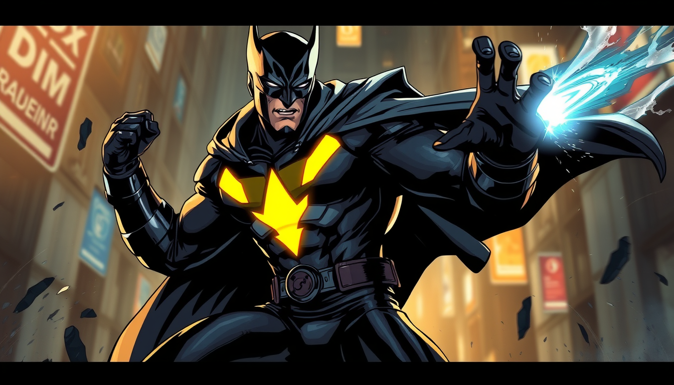 Superhero idea created from the prompt: original superhero character design, dynamic pose, bold costume, dramatic lighting, comic art energy, fais moi un super-vilain flippant dans