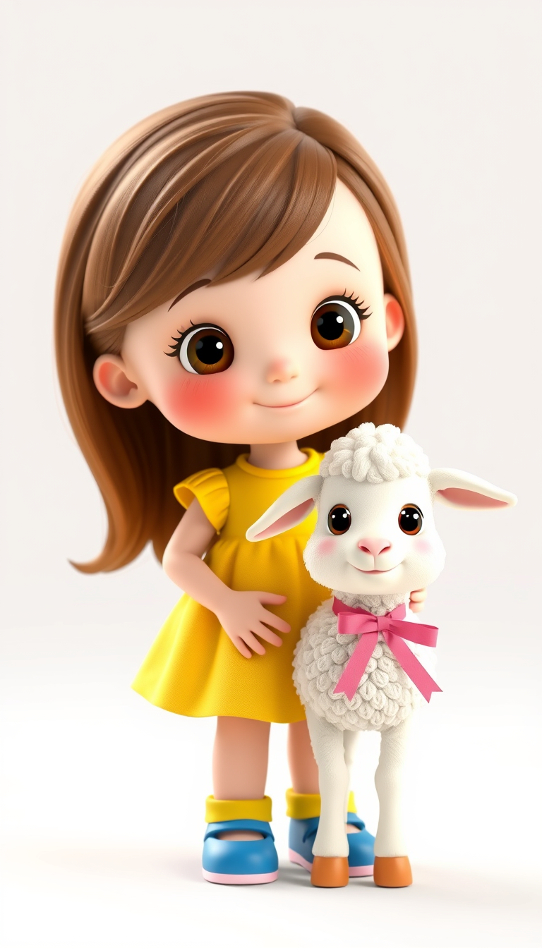 Main art studio: Cute little girl with brown hair, wearing a yellow dress and blue shoes, with a fluffy white lamb with a pink ribbon around its neck, adorable The lam