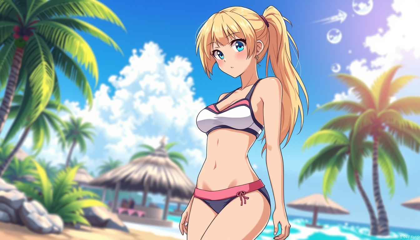 Anime idea created from the prompt: anime style, vibrant colors, expressive eyes, cute adult anime woman, blonde hair, blue eyes, standing on a tropical beach, sporty bikini, f