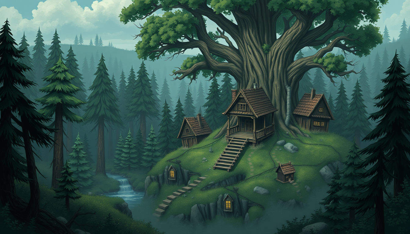 Main art studio: i need a d&d map for a town in the forest and houses are tree house