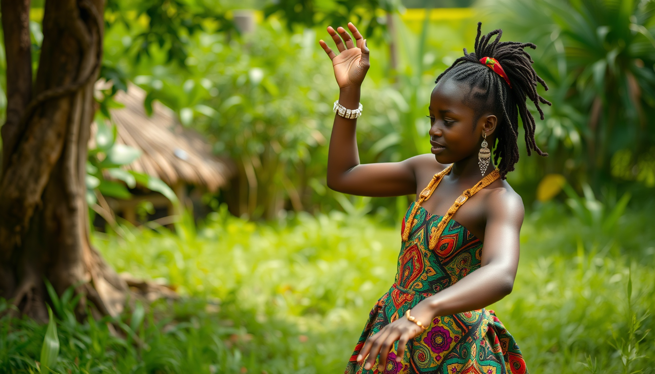 Main art studio: Som African girl dancing with e green