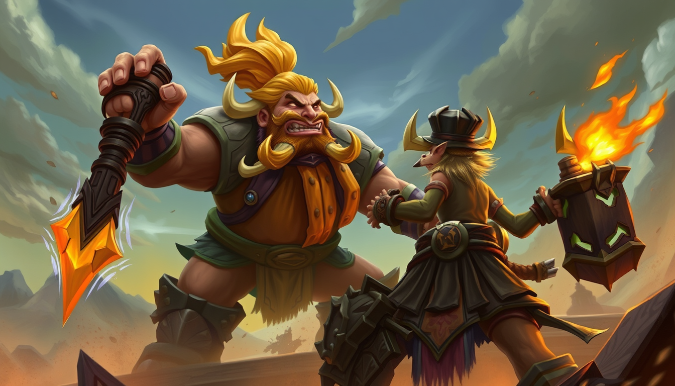 Main art studio: Erstelle mir ein bild von einen wow Charakter der gegen eine miniklappleiter als boss kämpf und der einen dicken zeh hat
