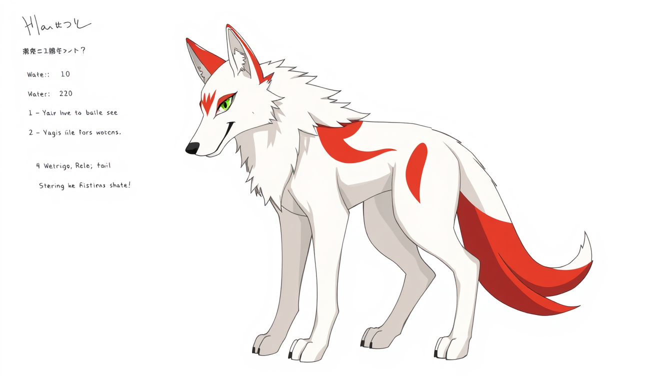 Fursona idea created from the prompt: fursona character, anthropomorphic animal design, expressive personality, reference sheet style, A white wolf standing on two hind legs, wit
