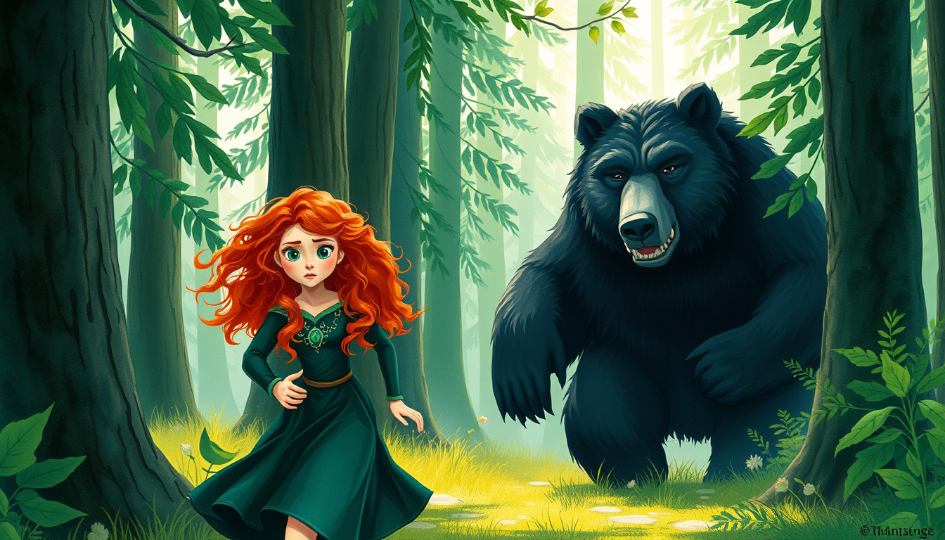 Main art studio: Merida, a teenage princess with long curly red hair, green eyes, and a dark green dress, runs through the forest beside her mother Queen Elinor, who i