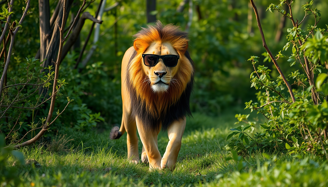 Main art studio: A lion wearing sunglasses walking through a green forest.