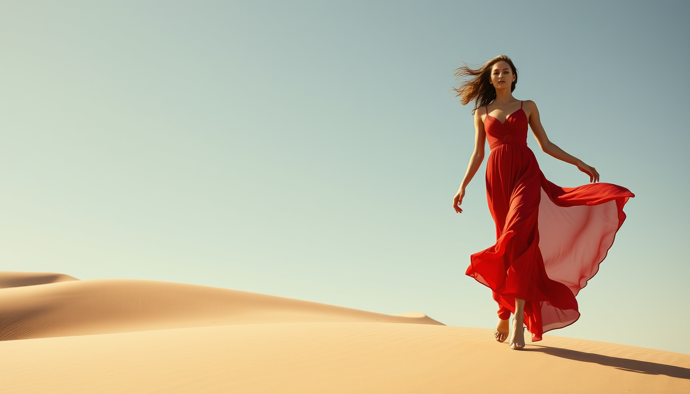 Main art studio: fashion editorial, flowing red dress in a desert, dramatic wind, soft light