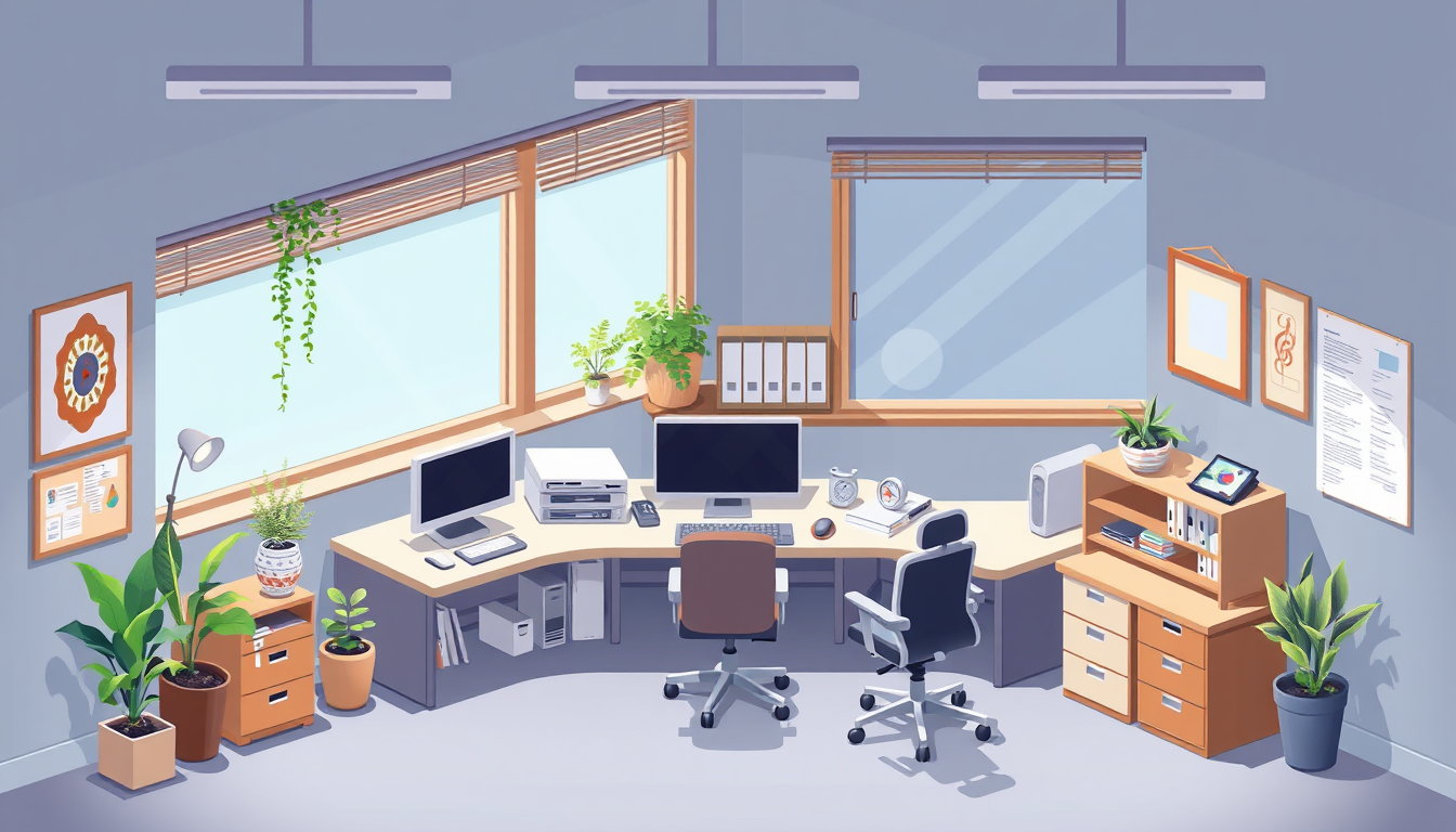 Main art studio: isometric office workspace, pixel art